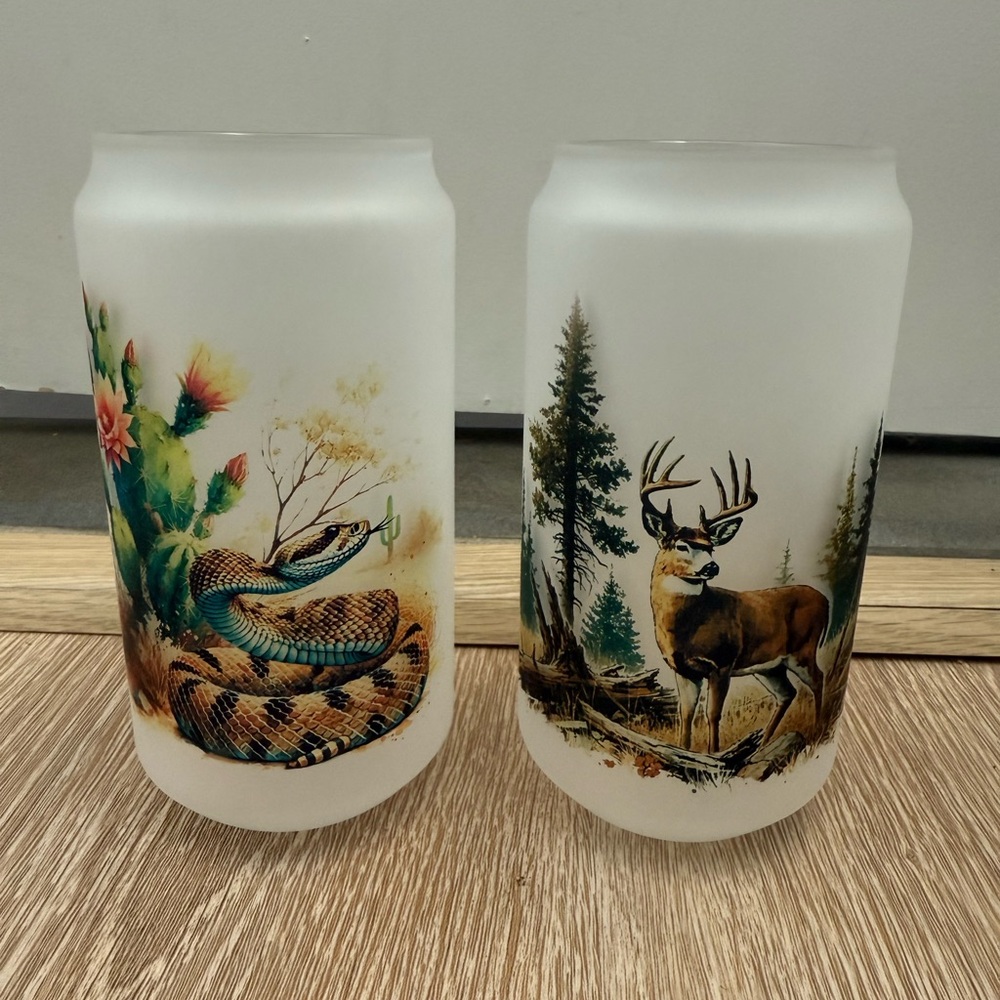 Frosted Glass Tumblers with Snake and Deer Designs